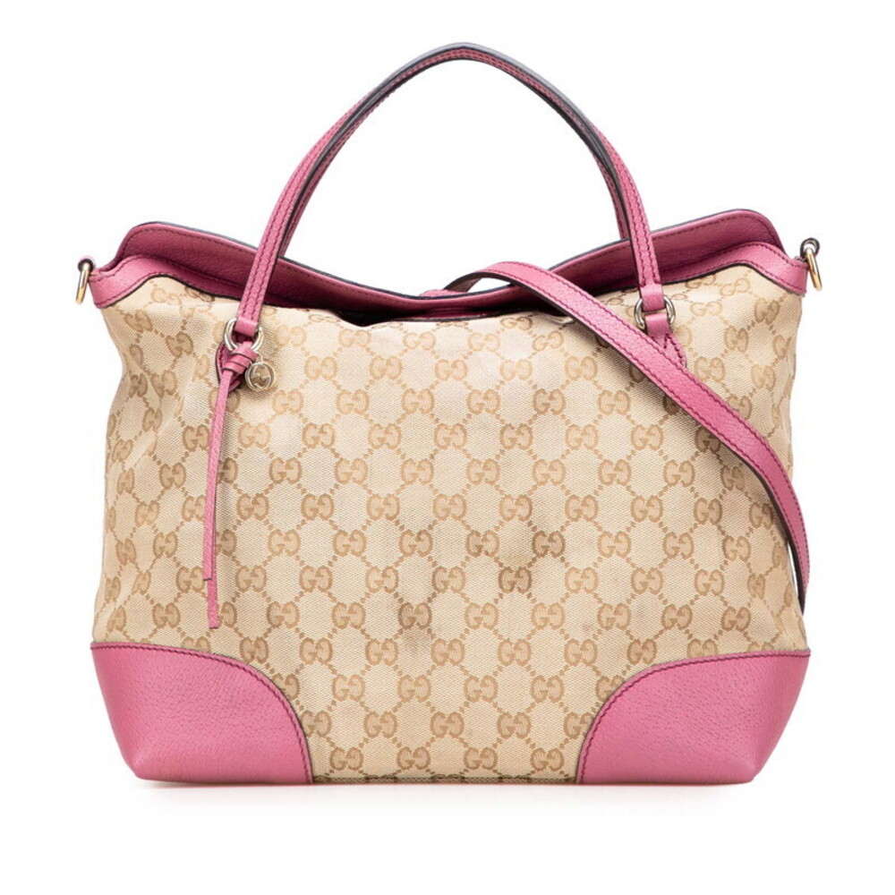 Gucci GG Canvas Bree Handbag Shoulder Bag Beige Tan Pink Leather